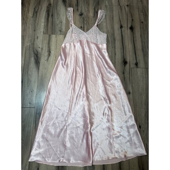 Vintage Womans M Style Pink Satin & Lace Long Nightgown Dress Croquette Whimsy - Picture 2 of 11